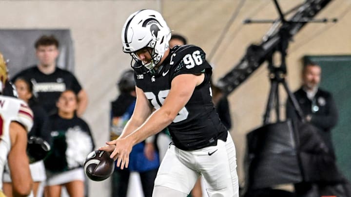 Michigan State's Ryan Eckley punts against Boston College during the fourth quarter on Saturday, Sept. 6, 2025, at Spartan Stadium in East Lansing.