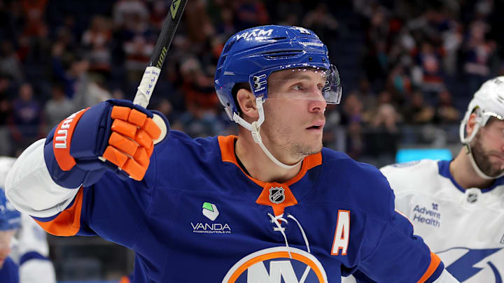 Dec 2, 2025; Elmont, New York, USA; New York Islanders center Bo Horvat (14) celebrates his goal against the Tampa Bay Lightning during the second period at UBS Arena. Mandatory Credit: Brad Penner-Imagn Images Dec 2, 2025; Elmont, New York, USA; New York Islanders center Bo Horvat (14) celebrates his goal against the Tampa Bay Lightning during the second period at UBS Arena. Mandatory Credit: Brad Penner-Imagn Images