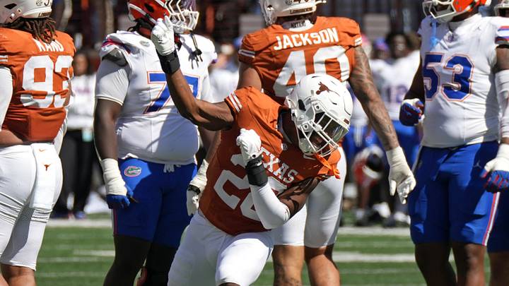 Texas Longhorns linebacker Justin Cryer (28) reacts after a penalty was called on the Florida Gators offense during the first half at Darrell K Royal-Texas Memorial Stadium. Texas Longhorns linebacker Justin Cryer (28) reacts after a penalty was called on the Florida Gators offense during the first half at Darrell K Royal-Texas Memorial Stadium.