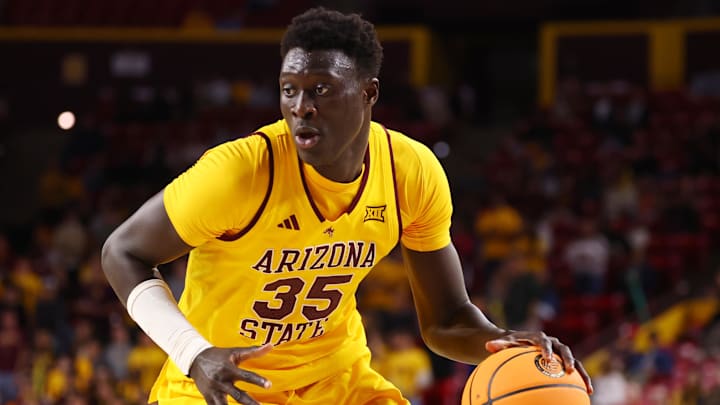 Jan 24, 2026; Tempe, Arizona, USA; Arizona State Sun Devils center Massamba Diop (35) against the Cincinnati Bearcats at Desert Financial Arena. Mandatory Credit: Mark J. Rebilas-Imagn Images