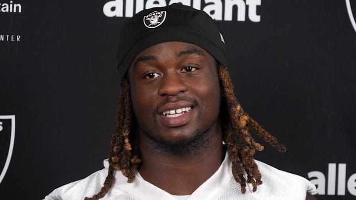 Las Vegas Raiders running back Ashton Jeanty during training camp press conference.