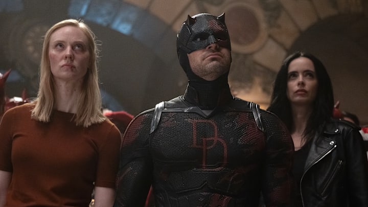 (L-R) Karen Page (Deborah Ann Woll), Matt Murdock/Daredevil (Charlie Cox) and Jessica Jones (Krysten Ritter) in Marvel Television's DAREDEVIL: BORN AGAIN SEASON 2, exclusively on Disney+. 