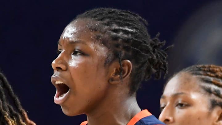 Auburn Tigers forward Khady Leye (6) celebrates after scoring Thursday, March 5, 2026, during the SEC Women's Basketball Tournament second round game against the Ole Miss Rebels at Bon Secours Wellness Arena in Greenville, South Carolina.
