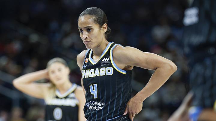 May 27, 2026; Chicago, Illinois, USA; Chicago Sky guard Skylar Diggins (4) reacts during the first half at Wintrust Arena. Mandatory Credit: Kamil Krzaczynski-Imagn Images