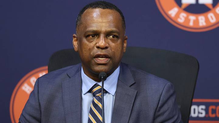 Jan 5, 2026; Houston, TX, USA; Houston Astros general manager Dana Brown speaks at a press conference  to introduce Japanese pitcher Tatsuya Imai at Daikin Park. Mandatory Credit: Troy Taormina-Imagn Images