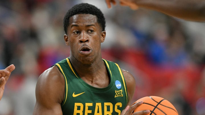 Mar 21, 2025; Raleigh, NC, USA; Baylor Bears guard VJ Edgecombe (7) has the ball against the Mississippi State Bulldogs during the second half in the first round of the NCAA Tournament at Lenovo Center. Mandatory Credit: Zachary Taft-Imagn Images
