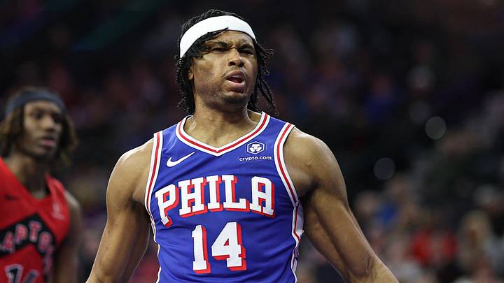 Philadelphia 76ers guard Ricky Council IV (14) reacts after dunking the ball against the Toronto Raptors during the second quarter at Wells Fargo Center. 