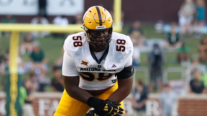 Sep 20, 2025; Waco, Texas, USA; Arizona State Sun Devils offensive lineman Max Iheanachor (58) in action against the Baylor Bears during the first half at McLane Stadium. Mandatory Credit: Chris Jones-Imagn Images