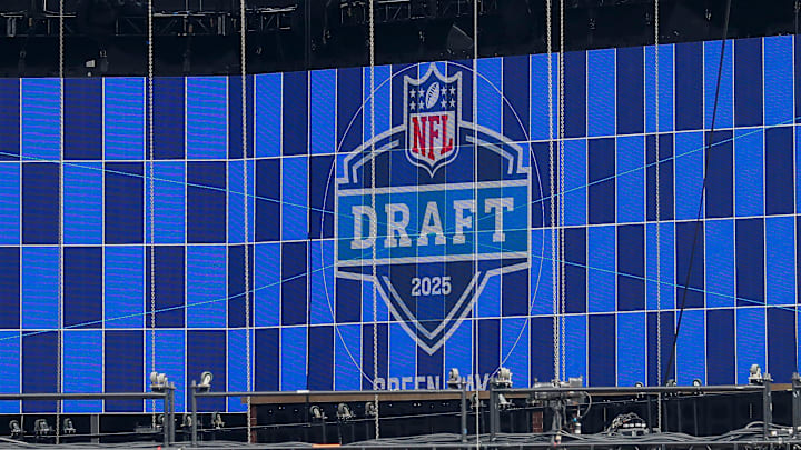 A video board displays the 2025 NFL Draft logo as the NFL Draft Theater is under construction A video board displays the 2025 NFL Draft logo as the NFL Draft Theater is under construction
