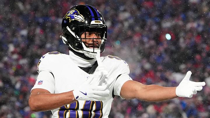 Jan 19, 2025; Orchard Park, New York, USA; Baltimore Ravens tight end Isaiah Likely (80) celebrates after making a catch during the first quarter against the Buffalo Bills in a 2025 AFC divisional round game at Highmark Stadium. Mandatory Credit: Gregory Fisher-Imagn Images
