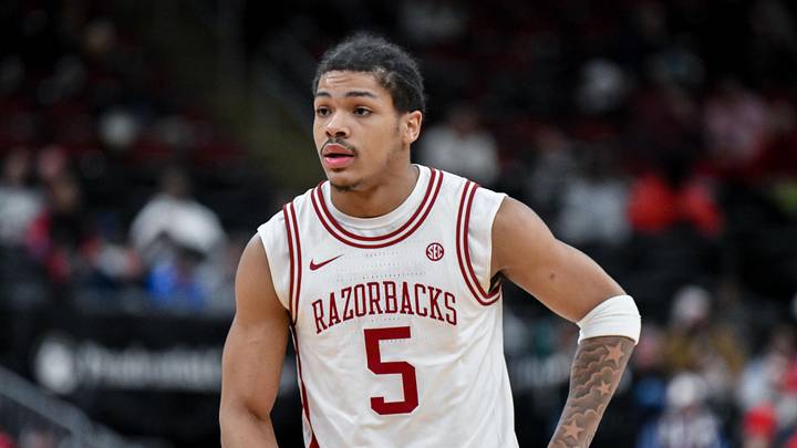 Dec 20, 2025; Newark, New Jersey, USA; Arkansas Razorbacks guard Darius Acuff Jr. (5) during the first half against the Houston Cougars at Prudential Center. Dec 20, 2025; Newark, New Jersey, USA; Arkansas Razorbacks guard Darius Acuff Jr. (5) during the first half against the Houston Cougars at Prudential Center.