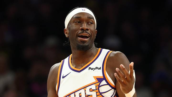 Feb 5, 2026; Phoenix, Arizona, USA; Phoenix Suns center Mark Williams (15) reacts against the Golden State Warriors in the first half at Mortgage Matchup Center. Mandatory Credit: Mark J. Rebilas-Imagn Images