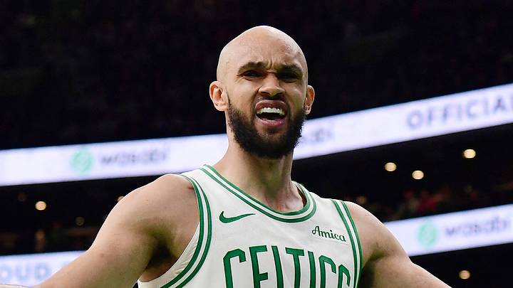 Apr 20, 2025; Boston, Massachusetts, USA;  Boston Celtics guard Derrick White (9) reacts after a non call during the second half against the Orlando Magic at TD Garden. Mandatory Credit: Bob DeChiara-Imagn Images