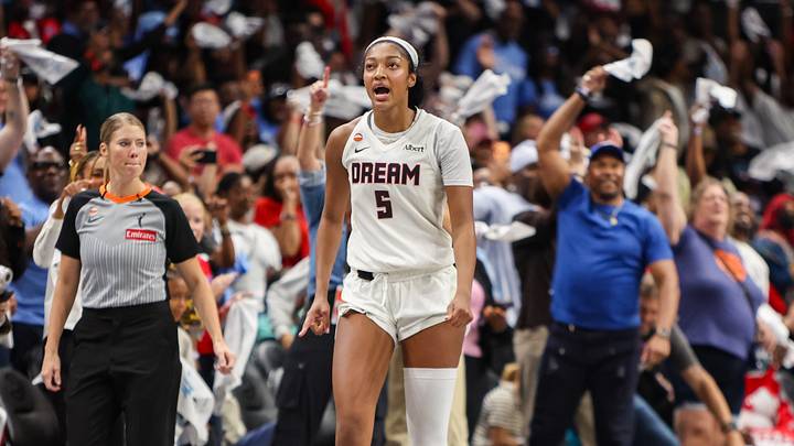 Oct 4, 2026; Atlanta, Georgia, USA; Atlanta Dream forward Angel Reese (5) in action against the New York Liberty in the fourth quarter during game one of the second round for the 2026 WNBA Playoffs at State Farm Arena. Mandatory Credit: Brett Davis-Imagn Images Oct 4, 2026; Atlanta, Georgia, USA; Atlanta Dream forward Angel Reese (5) in action against the New York Liberty in the fourth quarter during game one of the second round for the 2026 WNBA Playoffs at State Farm Arena. Mandatory Credit: Brett Davis-Imagn Images