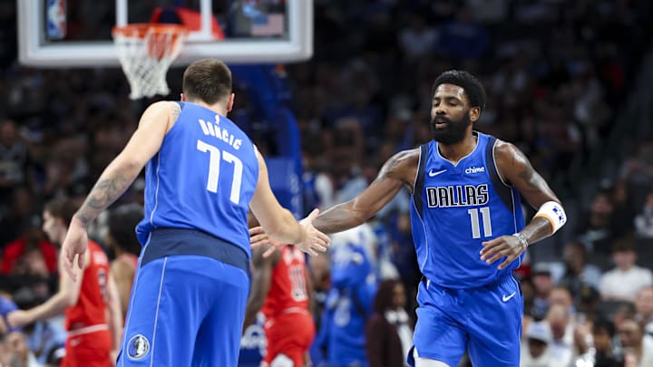 Nov 6, 2024; Dallas, Texas, USA; Dallas Mavericks guard Luka Doncic (77) celebrates with Dallas Mavericks guard Kyrie Irving (11) during the first quarter against the Chicago Bulls at American Airlines Center. Mandatory Credit: Kevin Jairaj-Imagn Images Nov 6, 2024; Dallas, Texas, USA; Dallas Mavericks guard Luka Doncic (77) celebrates with Dallas Mavericks guard Kyrie Irving (11) during the first quarter against the Chicago Bulls at American Airlines Center. Mandatory Credit: Kevin Jairaj-Imagn Images