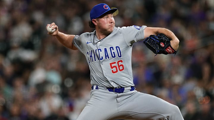 Sep 13, 2024; Denver, Colorado, USA; Chicago Cubs relief pitcher Nate Pearson (56) pitches in the eighth inning against the Colorado Rockies at Coors Field