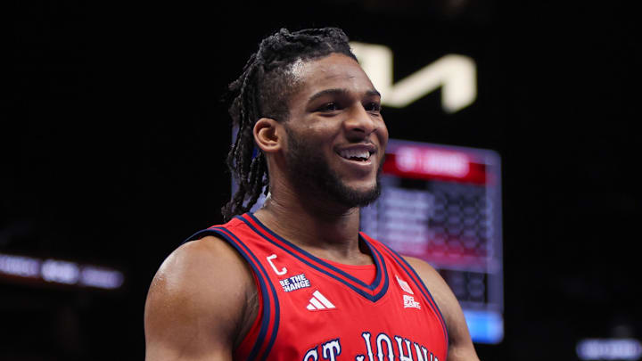 Dec 20, 2025; Atlanta, Georgia, USA; St. John Red Storm forward Zuby Ejiofor (24) reacts after being fouled against the Kentucky Wildcats in the second half at State Farm Arena. Mandatory Credit: Brett Davis-Imagn Images
Dec 20, 2025; Atlanta, Georgia, USA; St. John Red Storm forward Zuby Ejiofor (24) reacts after being fouled against the Kentucky Wildcats in the second half at State Farm Arena. Mandatory Credit: Brett Davis-Imagn Images