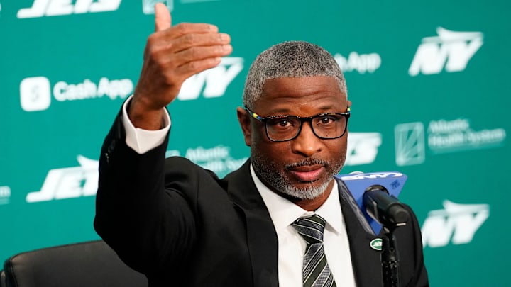 New York Jets Head Coach Aaron Glenn, is shown as he speaks during a press conference