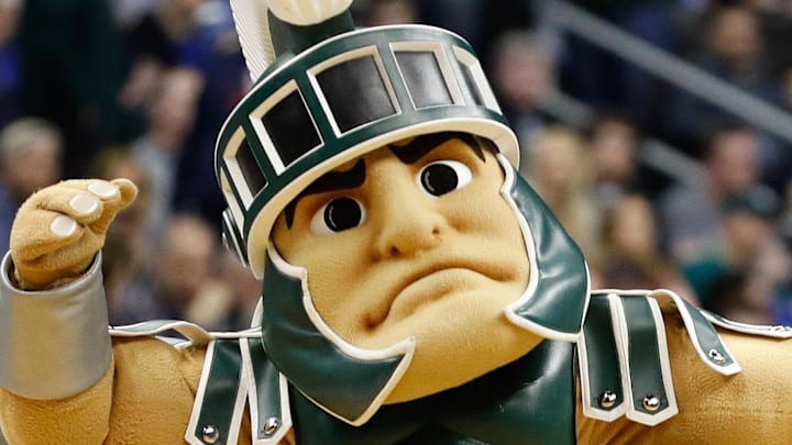 Mar 31, 2019; Washington, DC, USA; Michigan State Spartans mascot Sparty dances on the court during a timeout against the Duke Blue Devils in the championship game of the east regional of the 2019 NCAA Tournament at Capital One Arena.