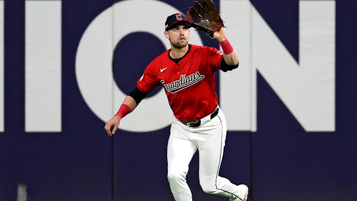 Oct 19, 2024; Cleveland, Ohio, USA; Cleveland Guardians outfielder Lane Thomas (8) catches a fly ball during the fifth inning against the New York Yankees during game five of the ALCS for the 2024 MLB playoffs at Progressive Field. Mandatory Credit: Scott Galvin-Imagn Images Oct 19, 2024; Cleveland, Ohio, USA; Cleveland Guardians outfielder Lane Thomas (8) catches a fly ball during the fifth inning against the New York Yankees during game five of the ALCS for the 2024 MLB playoffs at Progressive Field. Mandatory Credit: Scott Galvin-Imagn Images