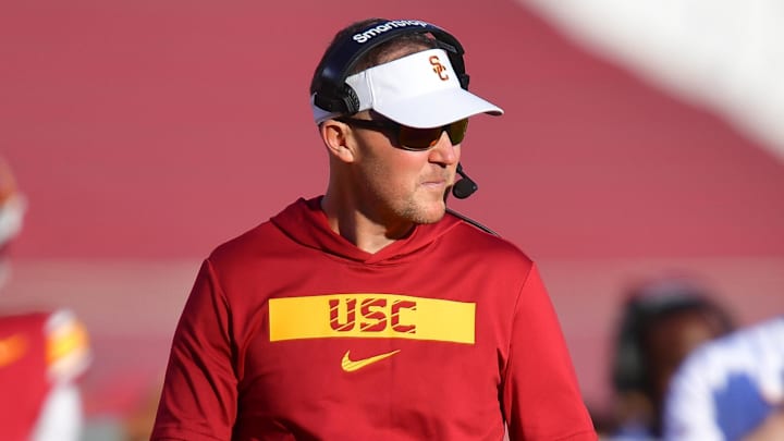 Nov 16, 2024; Los Angeles, California, USA; Southern California Trojans head coach Lincoln Riley watches game action against the Nebraska Cornhuskers during the second half at the Los Angeles Memorial Coliseum. Nov 16, 2024; Los Angeles, California, USA; Southern California Trojans head coach Lincoln Riley watches game action against the Nebraska Cornhuskers during the second half at the Los Angeles Memorial Coliseum.
