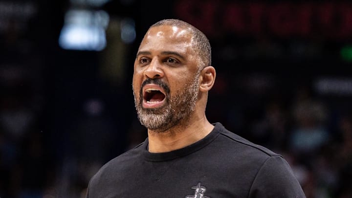 Mar 29, 2026; New Orleans, Louisiana, USA;  Houston Rockets Head Coach Ime Udoka yells against the New Orleans Pelicans during the first half at Smoothie King Center. Mandatory Credit: Stephen Lew-Imagn Images