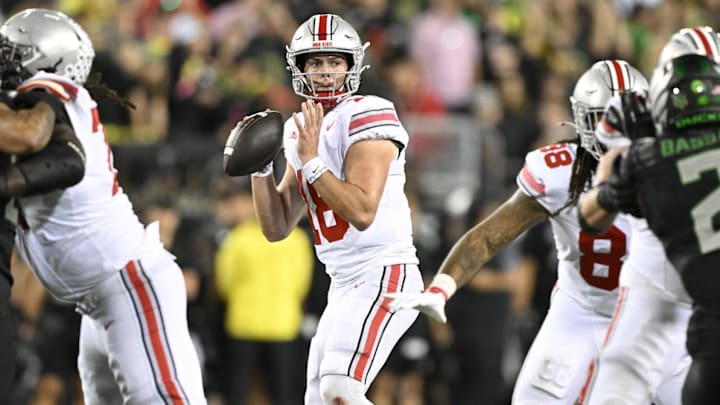 Oct 12, 2024; Eugene, Oregon, USA; Ohio State Buckeyes quarterback Will Howard (18) throws a pass during the second half against the Oregon Ducks at Autzen Stadium. Mandatory Credit: Troy Wayrynen-Imagn Images Oct 12, 2024; Eugene, Oregon, USA; Ohio State Buckeyes quarterback Will Howard (18) throws a pass during the second half against the Oregon Ducks at Autzen Stadium. Mandatory Credit: Troy Wayrynen-Imagn Images