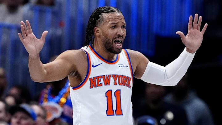 Mar 6, 2026; Denver, Colorado, USA; New York Knicks guard Jalen Brunson (11) reacts in the first quarter against the Denver Nuggets at Ball Arena. Mandatory Credit: Ron Chenoy-Imagn Images