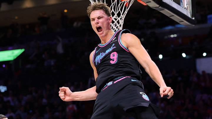 Miami Heat guard Pelle Larsson (9) reacts (Mandatory Credit: Sam Navarro-Imagn Images)