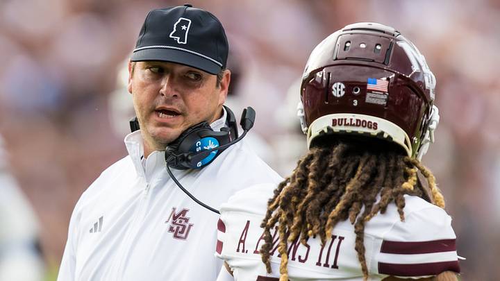 Mississippi State Bulldogs head coach Jeff Lebby speaks with wide receiver Anthony Evans III (3) after Evans tipped a pass for an interception by the South Carolina Gamecocks in the first quarter at Williams-Brice Stadium. Mississippi State Bulldogs head coach Jeff Lebby speaks with wide receiver Anthony Evans III (3) after Evans tipped a pass for an interception by the South Carolina Gamecocks in the first quarter at Williams-Brice Stadium.