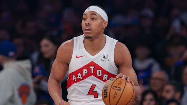 Apr 10, 2026; New York, New York, USA; Toronto Raptors forward Scottie Barnes (4) dribbles up court against the New York Knicks during the first quarter at Madison Square Garden. Mandatory Credit: Vincent Carchietta-Imagn Images 