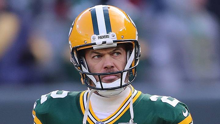 Green Bay Packers kicker Mason Crosby (2) heads out for warmups before a 2018 game against the Atlanta Falcons