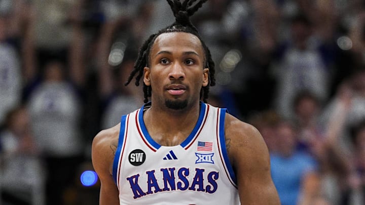 Jan 13, 2026; Lawrence, Kansas, USA; Kansas Jayhawks guard Darryn Peterson (22) reacts after scoring during the second half against the Iowa State Cyclones at Allen Fieldhouse. Mandatory Credit: Jay Biggerstaff-Imagn Images