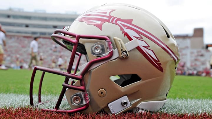 Oct 7, 2017; Tallahassee, FL, USA; View of a Florida State Seminoles helmet on the field before the game against the Miami Hurricanes at Doak Campbell Stadium. Mandatory Credit: Melina Vastola-Imagn Images