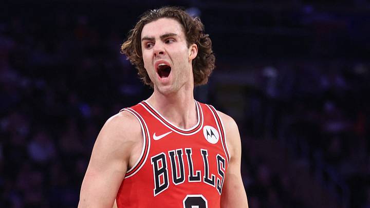 Apr 3, 2026; New York, New York, USA;  Chicago Bulls guard Josh Giddey (3) reacts to a call in the third quarter against the New York Knicks at Madison Square Garden. Mandatory Credit: Wendell Cruz-Imagn Images