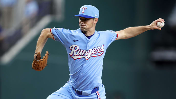 Apr 6, 2025; Arlington, Texas, USA; Texas Rangers pitcher Hoby Milner (41) throws a pitch during the sixth inning against the Tampa Bay Rays at Globe Life Field. 