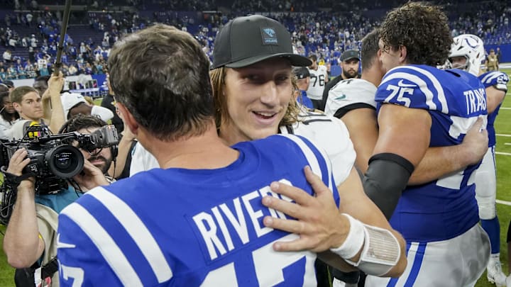 Dec 28, 2025; Indianapolis, Indiana, USA; Jacksonville Jaguars quarterback Trevor Lawrence (16) and Indianapolis Colts quarterback Philip Rivers (17) meet on the field at Lucas Oil Stadium. Mandatory Credit: Grace Hollars-USA TODAY Network via Imagn Images Dec 28, 2025; Indianapolis, Indiana, USA; Jacksonville Jaguars quarterback Trevor Lawrence (16) and Indianapolis Colts quarterback Philip Rivers (17) meet on the field at Lucas Oil Stadium. Mandatory Credit: Grace Hollars-USA TODAY Network via Imagn Images