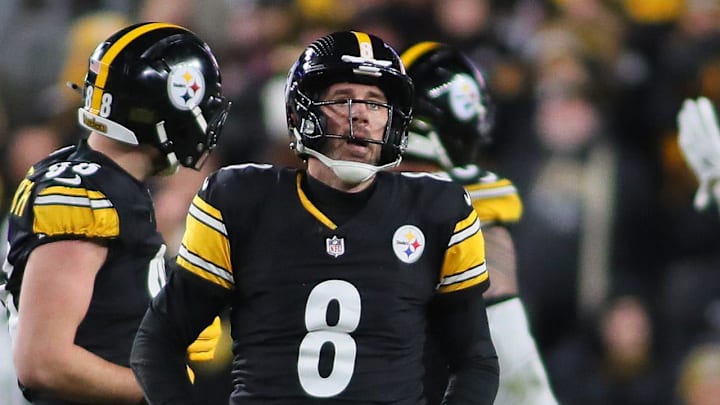 Pittsburgh Steelers quarterback Aaron Rodgers (8) looks on at the Jumbotron after his fumble resulted in a Houston Texans touchdown during the second half of the NFL Wild Card game at Acrisure Stadium in Pittsburgh, PA on January 12, 2026.