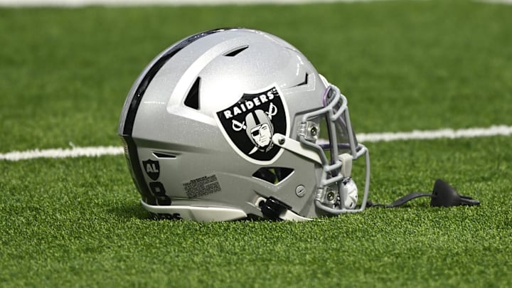 Oct 20, 2024; Inglewood, California, USA; Las Vegas Raiders helmet on the turn at SoFi Stadium during pregame warmups before an NFL game against the Los Angeles Rams. Mandatory Credit: Robert Hanashiro-Imagn Images