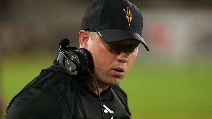 Sep 26, 2025; Tempe, Arizona, USA; Arizona State Sun Devils head coach Kenny Dillingham looks on against the TCU Horned Frogs in the second half at Mountain America Stadium, Home of the ASU Sun Devils. Mandatory Credit: Jacob Reiner-Imagn Images Sep 26, 2025; Tempe, Arizona, USA; Arizona State Sun Devils head coach Kenny Dillingham looks on against the TCU Horned Frogs in the second half at Mountain America Stadium, Home of the ASU Sun Devils. Mandatory Credit: Jacob Reiner-Imagn Images
