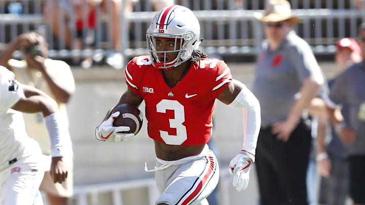 Sep 23, 2017; Columbus, OH, USA; Ohio State Buckeyes cornerback Damon Arnette (3) returns the interception during the second quarter against the UNLV Rebels at Ohio Stadium. Mandatory Credit: Joe Maiorana-Imagn Images Sep 23, 2017; Columbus, OH, USA; Ohio State Buckeyes cornerback Damon Arnette (3) returns the interception during the second quarter against the UNLV Rebels at Ohio Stadium. Mandatory Credit: Joe Maiorana-Imagn Images