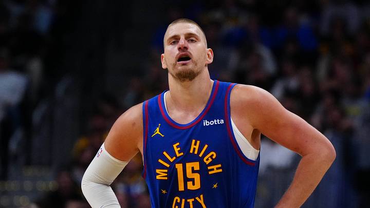 Apr 20, 2026; Denver, Colorado, USA; Denver Nuggets center Nikola Jokic (15) reacts in the second half against the Minnesota Timberwolves during game two of the first round of the 2026 NBA Playoffs at Ball Arena. Mandatory Credit: Ron Chenoy-Imagn Images