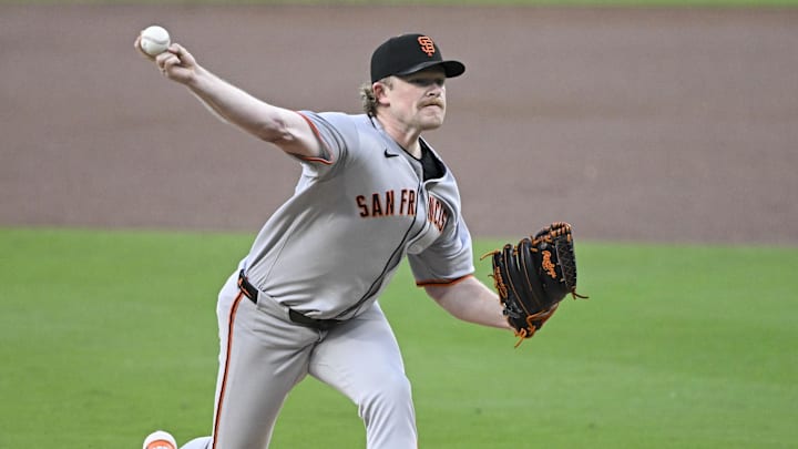 Apr 29, 2025; San Diego, California, USA; San Francisco Giants starting pitcher Logan Webb (62) delivers during the first inning against the San Diego Padres at Petco Park. 