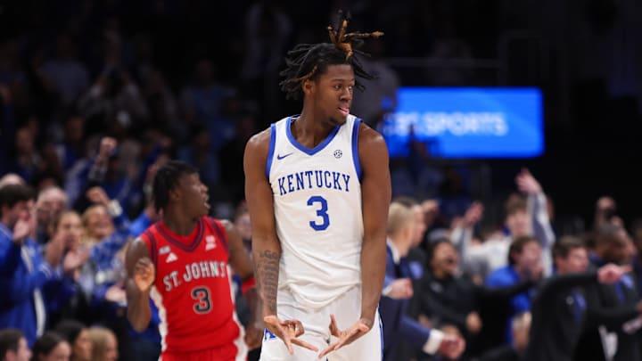 Dec 20, 2025; Atlanta, Georgia, USA; Kentucky Wildcats guard Kam Williams (3) reacts after a basket against the St. John Red Storm in the second half at State Farm Arena. Mandatory Credit: Brett Davis-Imagn Images
