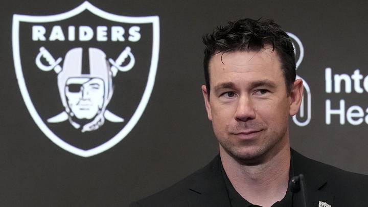 Las Vegas Raiders coach Klint Kubiak at press conference.