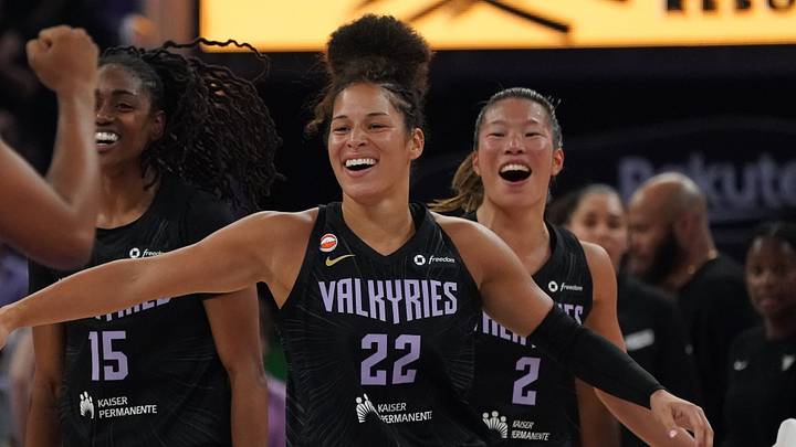 Aug 17, 2026; San Francisco, California, USA; Golden State Valkyries guard Veronica Burton (22), guard Tiffany Hayes (15), and guard Kaitlyn Chen (2) congratulate their teammates during a game against the Dallas Wings in the second quarter at Chase Center. Mandatory Credit: David Gonzales-Imagn Images Aug 17, 2026; San Francisco, California, USA; Golden State Valkyries guard Veronica Burton (22), guard Tiffany Hayes (15), and guard Kaitlyn Chen (2) congratulate their teammates during a game against the Dallas Wings in the second quarter at Chase Center. Mandatory Credit: David Gonzales-Imagn Images