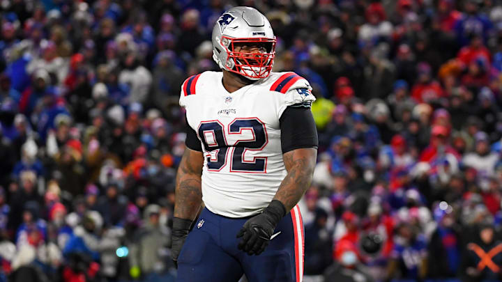 Dec 6, 2021; Orchard Park, New York, USA; New England Patriots nose tackle Davon Godchaux (92) looks on against the Buffalo Bills during the first half at Highmark Stadium. Mandatory Credit: Rich Barnes-Imagn Images