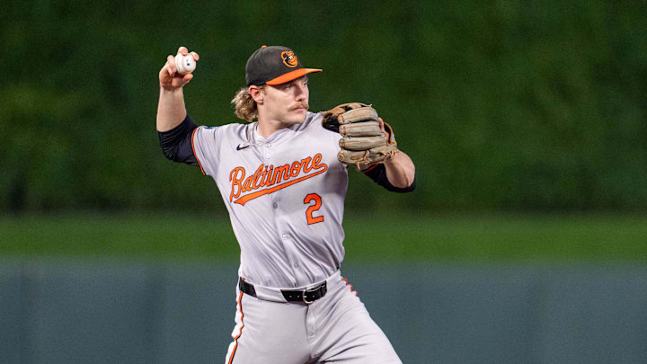 Sep 27, 2024; Minneapolis, Minnesota, USA; Baltimore Orioles shortstop Gunnar Henderson (2) throws out Minnesota Twins shortstop Carlos Correa (4) in the sixth inning at Target Field. 
