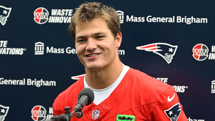 Jun 9, 2025; Foxborough, MA, USA; New England Patriots quarterback Drake Maye (10) holds a press conference after minicamp at Gillette Stadium. Mandatory Credit: Eric Canha-Imagn Images