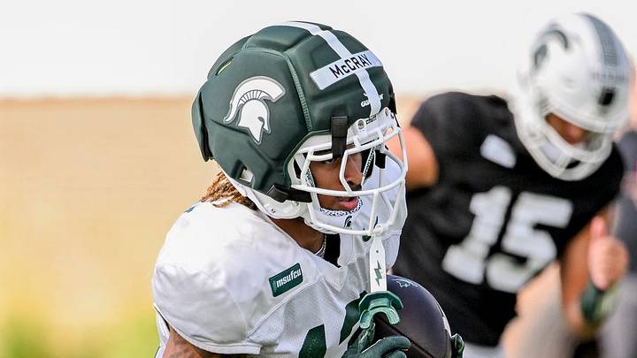 Michigan State receiver Chrishon McCray runs after a catch during football practice on Monday, Aug. 17, 2026, in East Lansing. Michigan State receiver Chrishon McCray runs after a catch during football practice on Monday, Aug. 17, 2026, in East Lansing.